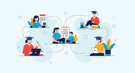 Diverse students engage in remote learning and education, connecting knowledge across digital platforms for academic growth and success