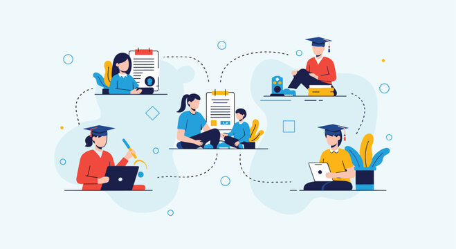 Diverse students engage in remote learning and education, connecting knowledge across digital platforms for academic growth and success