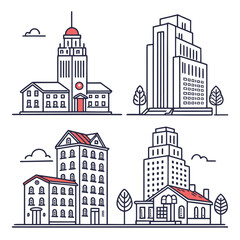 Hand drawn doodle house vector set. Cute outline houses black and white line illustration