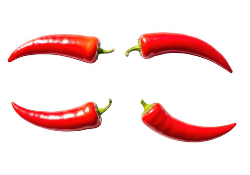 Four ripe red chili peppers spicy food ingredient close-up transparent background - Powered by Adobe