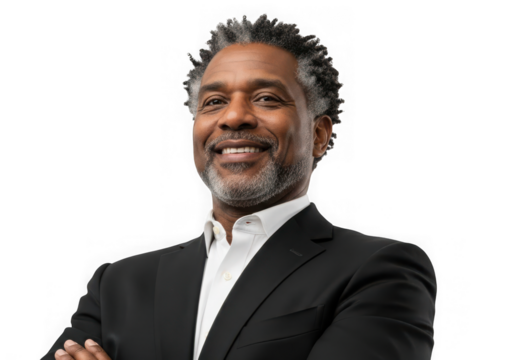 Smiling African American businessman graying hair beard in a suit isolated on transparent background