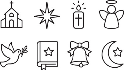 Minimalist church icon set: religious symbols in linear design