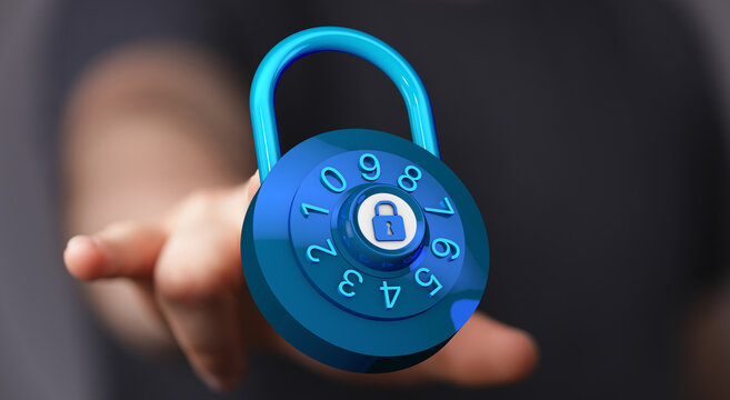 A blue lock held in hand, representing security, protection and digital safety of personal data and information