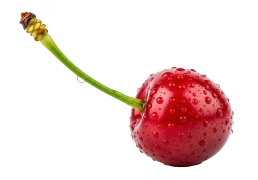 Single ripe red cherry with water droplets freshly picked sweet fruit healthy food transparent background