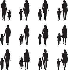 Silhouettes of mothers holding hands with children walking family parent