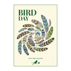 Bird day poster with feathers and bird silhouette on isolated transparent background