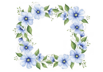 Square frame of blue flowers green leaves, isolated on transparent background