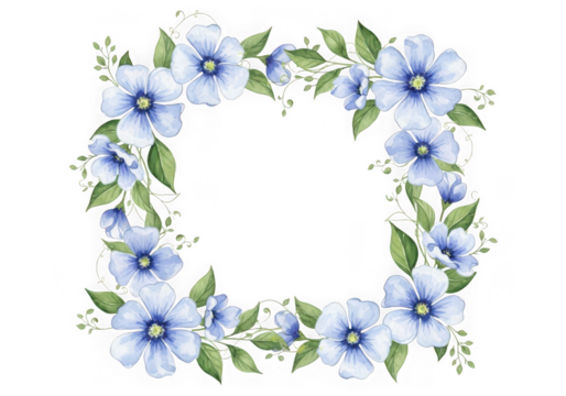 Square frame of blue flowers green leaves, isolated on transparent background - Powered by Adobe