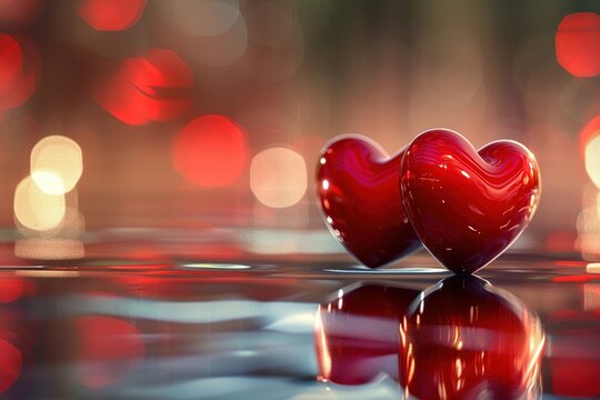 Two glossy red hearts float on water with warm bokeh lights and reflections - Powered by Adobe