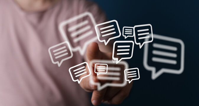 Abstract image of a person interacting with message bubbles symbolizing communication, digital interaction, and connectivity. Representing onlin