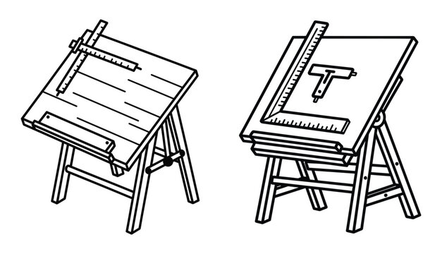 Architect drafting table with drawing board, T-square and ruler technical design illustration