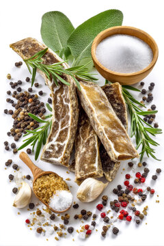 Flat lay of Figatellu with rosemary, sage, garlic, salt, and peppercorns, top view on a white background.