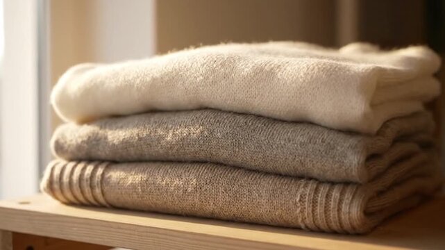 Stack of soft, neutral-colored knit sweaters on a wooden shelf in warm natural light