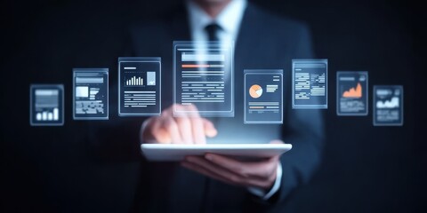 A digital meeting reveals glowing updates layered notes and a virtual partner working to increase sales shape decisions and build a futuristic review