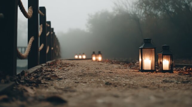 Fototapeta Low angle wide shot of a rustic wooden rope bridge in misty autumn woods illuminated by soft glowing lanterns, creating a warm, enchanting atmosphere with copy space on right