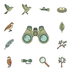 Set of birdwatching icons isolated on transparent background, perfect for ornithology