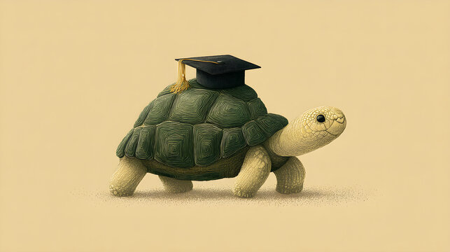 Turtle wearing graduation cap walking on sand