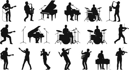 music, silhouette, posture, motion, instrument, guitar, piano, drum, saxophone, microphone, icon, band, sing, play