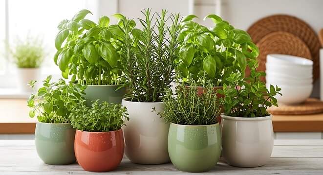 Assortment of herbs in pots on a bright kitchen surface