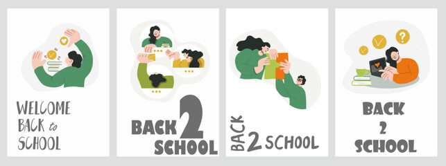 Set of back to school illustrations. Concepts for education, learning, reading book, school, bookstore. International education day, world book day, teachers day. Hand drawn vector.