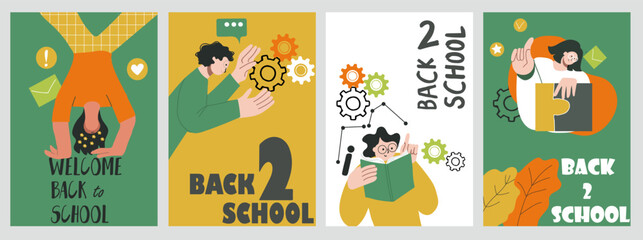 Set of back to school illustrations. Concepts for education, learning, reading book, school, bookstore. International education day, world book day, teachers day. Hand drawn vector.