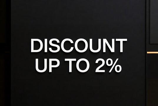 Announce a special offer with this modern graphic featuring a discount up to 2% on a sleek black background, ideal for promotions and sales campaigns