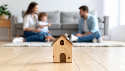 Wooden house toy on living room floor while smiling family plays behind, showing home buying process, mortgage planning, property security, rental choice, children and housing stability
