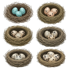 Bird nests with eggs of different colors isolated on transparent background