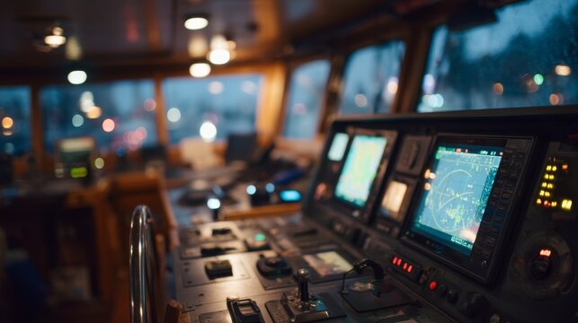 Lowangle view of a digital ship control panel with glowing instruments and navigational screens in a dimly lit room during evening, emphasizing technological detail and ambient mood with copy space o