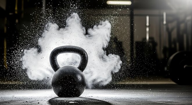 Kettlebell with chalk dust in a gym training environment - Powered by Adobe
