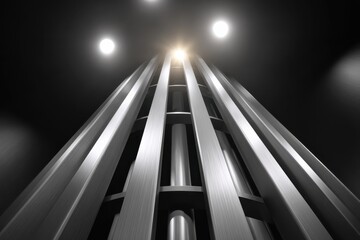 Abstract view of metallic elevator shaft with sleek vertical lines and illuminated ceiling lights, creating a modern and futuristic atmosphere in a contemporary building