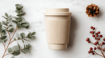 Reusable Coffee Cup with Winter Beverage and Eco-Friendly Elements