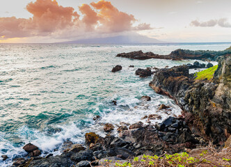 Morning Light  On The Volcanic Shoreline of Kumimi Point With Maui Across The Pailolo Channel, Molokai, Hawaii, USA