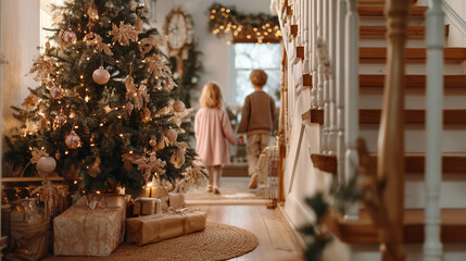 Obraz premium Children walking towards Christmas morning window, celebrating winter holidays and family traditions