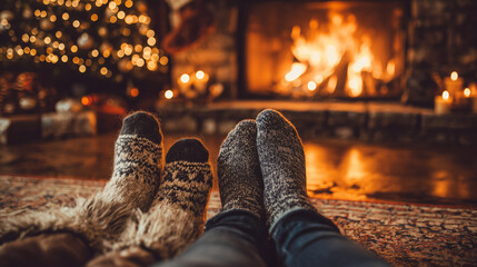 Enjoying a comfortable and warm christmas evening at home, relaxing by the burning fireplace with bokeh christmas tree lights