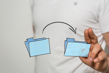Concept image of data transfer, file sharing, cloud storage, digital workflow. Modern technology.