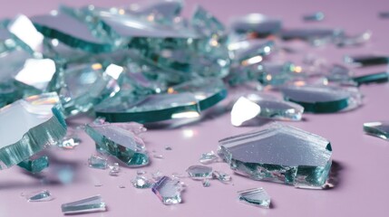 Shattered circular glass fragments with vibrant reflections, layered over each other on pink surface, capturing dramatic highlights, shadows, and a clean copy space for design