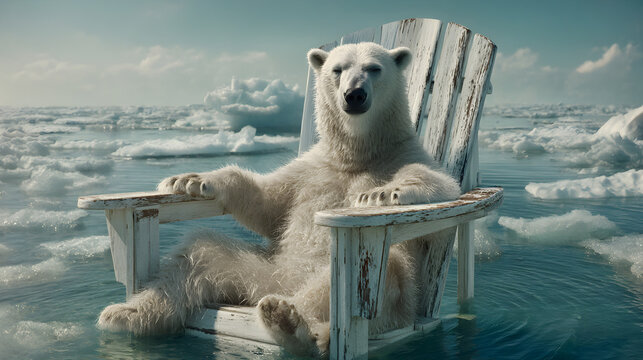 Polar bear relaxing on floating chair in melting arctic ocean