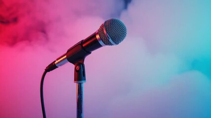 Professional microphone on a stand surrounded by dramatic pink and blue smoke for a vibrant performance or recording atmosphere