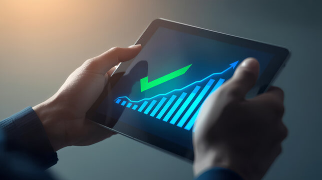 Hand interacting with touchscreen tablet interface - Powered by Adobe