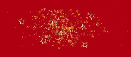 Festive red background with scattered gold stars and snowflakes perfect for holiday designs, celebrations, and winter themes. Ideal for invitati