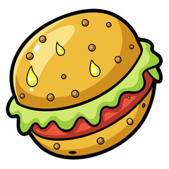 Juicy cartoon hamburger with sesame seed bun and fresh lettuce