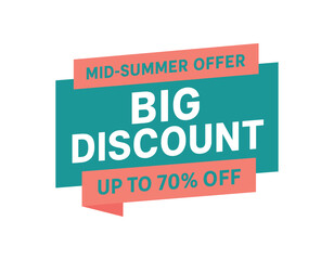 Flat vector banner design top text MIDSUMMER OFFER main text BIG DISCOUNT bottom text UP TO 70% OFF turquoise and coral modern flat rectangle