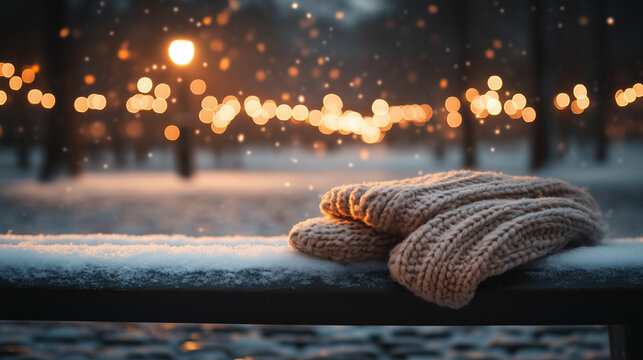 Winter evening gloves resting on a snowy park bench with glowing lights in the background