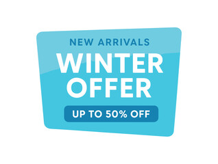 Flat vector banner design top text NEW ARRIVALS main text WINTER OFFER bottom text UP TO 50% OFF icy blue and white rectangle with smooth gradient