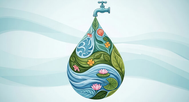 abstract illustration of a water drop filled with aquatic plants and flowing streams, emerging from a tap. symbolizes water conservation and purity. national water quality month. environmental banner - Powered by Adobe
