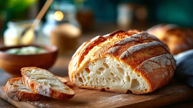 Freshly baked bread loaf on wooden board, crusty exterior, soft, airy interior, sliced loaf ready for meals, wholesome golden crumb invites enjoyment, artisan sourdough aroma, unde