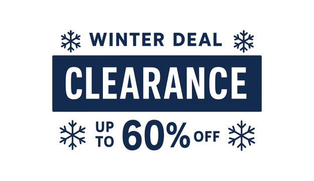 Flat vector banner design top text WINTER DEAL main text CLEARANCE bottom text UP TO 60% OFF navy and white with simple snowflake accents
