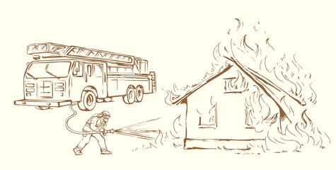 Vector drawing. Firefighter puts out the fire