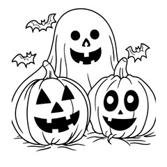 Cute Funny Halloween Vector Illustration coloring pages with pumpkins, ghosts, and bats for kids